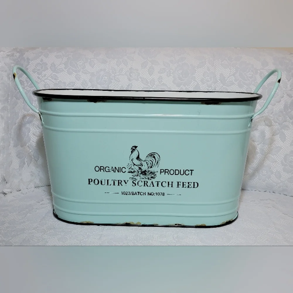 Large Farmhouse Metal Poultry Feed Bin – Rustic Chicken Coop Storage Decor 20.5”